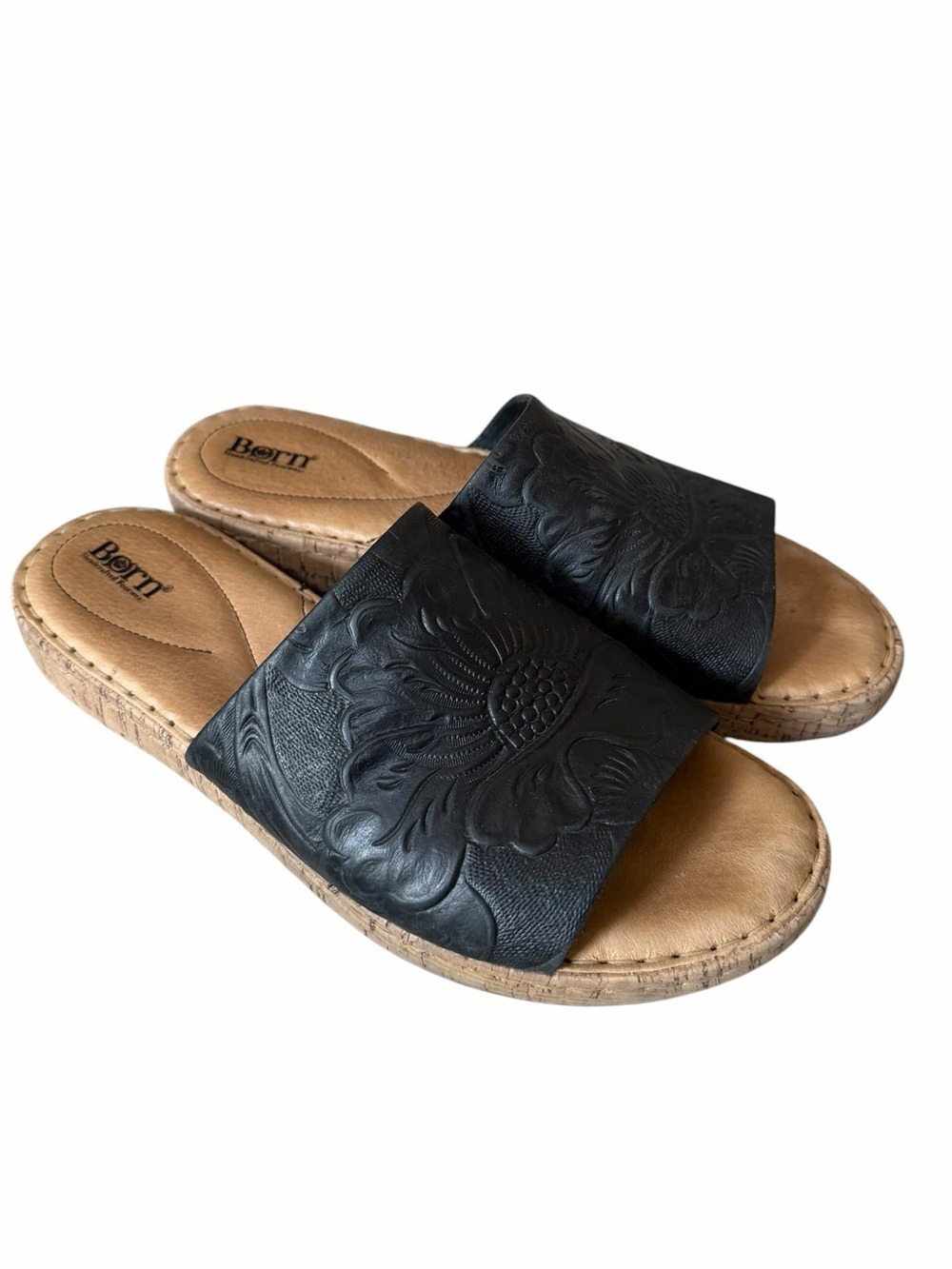 Born Fishlake Black Embossed Leather Slide Sandals with Tan Footbed Size 11